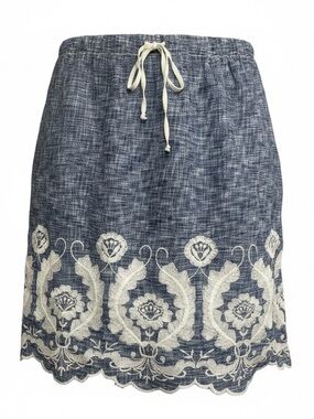 Blue Cotton Mini Skirt with Cream Floral Embroidery